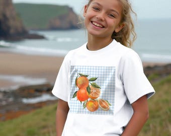 Girls T-shirt With Gingham And Oranges, Organic Cotton Fruit Tee