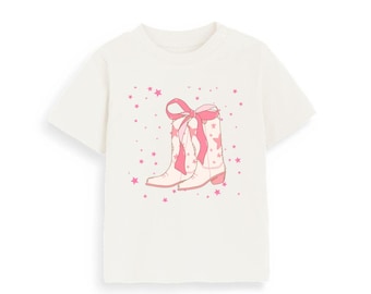 Camiseta de niña con botas vaqueras/vaqueras, lazo rosa y estrellas
