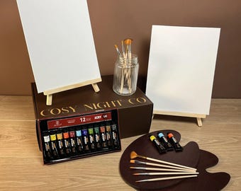 Couples Paint and Sip Night Kit, Date Night Painting Gift Box for Two, 2 Canvases Easels Acrylic Paints, Anniversary Gift