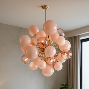Modern Pink Globe Glass Chandelier,Metal Scaffold Ceiling Light, Special Design Customizable Hanging Lamp,Dainty Decorative Ambient Lighting