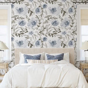 Papier peint amovible Seaside Bloom, cabane au bord du lac, gros caractères, revêtement mural floral peel and stick, décoration intérieure, papier peint floral bleu