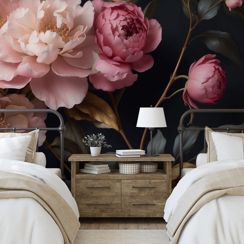 Dark Floral Peony Removable Wallpaper: Moody Home Decor - Etsy