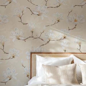 Crème magnolia, aquarelle florale, papier peint amovible, autocollant, papier peint magnolia, revêtement mural, décoration intérieure, papier peint beige