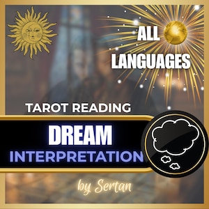 May include: An image with a gold border features a sun illustration and the words "Tarot Reading" and "Dream Interpretation." The text "All Languages" is displayed with a golden globe. A black circle with a cloud graphic is on the right.