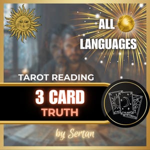 May include: An advertisement for tarot readings, with the words "Tarot Reading" and "3 Card Truth" prominently displayed. The image includes a sun and moon illustration, a globe, and three tarot cards. The text "All Languages" is also visible.