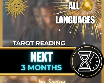 Puede incluir: Gráfico promocional para un servicio de lectura de tarot. El diseño presenta un sol dorado, una imagen borrosa de una persona y las palabras "TODOS LOS IDIOMAS" y "LECTURA DE TAROT PRÓXIMOS 3 MESES" en blanco y turquesa. También se incluye un icono de reloj y reloj de arena.