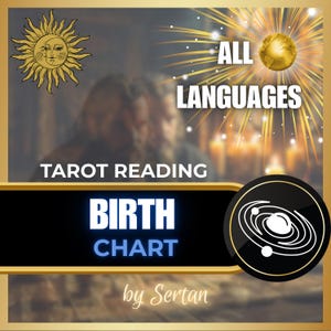 Può includere: Una pubblicità per servizi di lettura dei tarocchi e tema natale. L'immagine presenta il testo "TAROT READING BIRTH CHART" in bianco e blu, con le parole "ALL LANGUAGES" in grandi lettere bianche. Sono inclusi anche un'illustrazione del sole e una grafica della galassia.