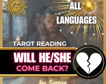 Puede incluir: Anuncio de lectura de tarot con la pregunta "Will He/She Come Back?" en rosa y blanco. La imagen incluye una ilustración de sol, un globo y un símbolo de corazón roto, todo sobre un fondo borroso.