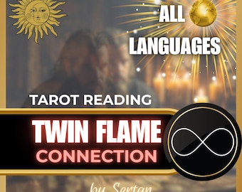 May include: A promotional graphic for a tarot reading service. The design features a gold sun illustration, the words "TAROT READING" and "TWIN FLAME CONNECTION" in bold text, and an infinity symbol. The words "ALL LANGUAGES" are also displayed.
