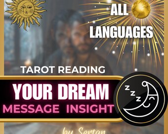 May include: An image with a gold border features a sun illustration and the text "ALL LANGUAGES". Below, the text reads "TAROT READING YOUR DREAM MESSAGE INSIGHT" in pink and white. A crescent moon and stars icon is on the right.