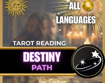 Puede incluir: Imagen promocional de servicios de lectura de tarot. El diseño presenta las palabras "Tarot Reading" y "Destiny Path" en negrita. También se incluye una ilustración de un sol y un logotipo circular con estrellas. Se muestra la frase "All Languages".