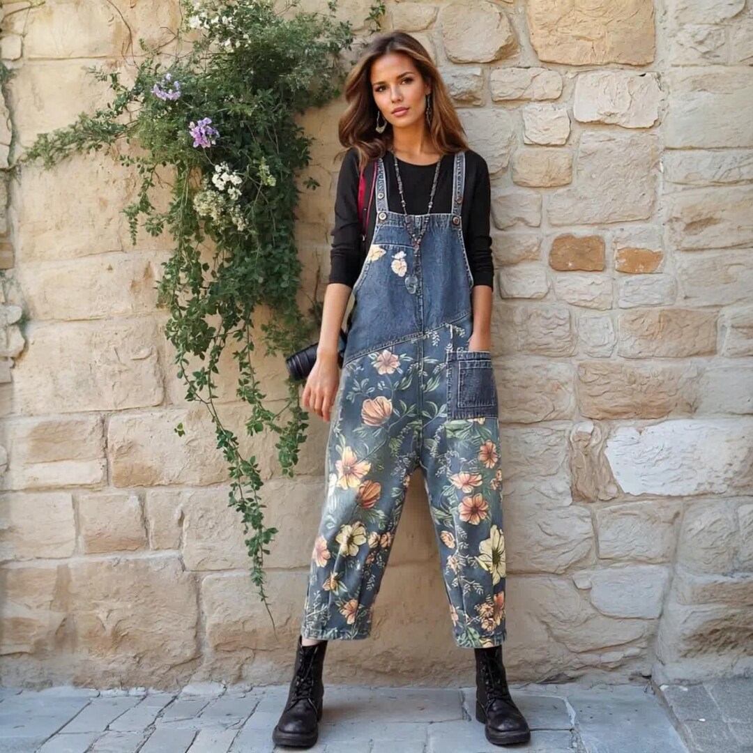 Plus Size - Flower Print Casual Denim Cotton Jumpsuit Dungarees