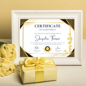 Certificado de conclusão elegante dourado e branco, certificado de conclusão de curso para impressão, certificado de prêmio de beleza editável, prêmio.