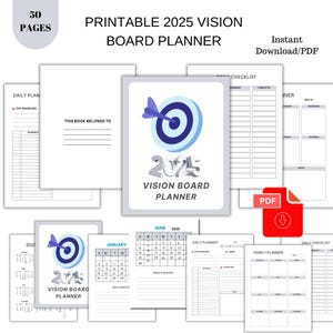 2025 Vision Board Planner, Affirmation Cards, Manifesting Journal Diary, Tracker Planner, Printable Agenda, Motivation Planner, Gift