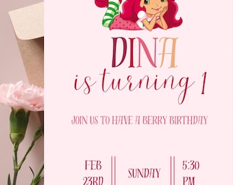 Invitación de cumpleaños editable con temática de bayas para niñas / Invitación a fiesta temática de fresas / Plantilla digital Canva