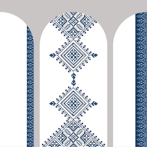 May include: Three arched panels with a white background and a dark blue geometric pattern. The panels feature a repeating design of diamonds and lines, creating a symmetrical and decorative border.