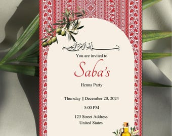 Elegant Palestinian henna night invitation template with tatreez embroidery design, editable digital download.