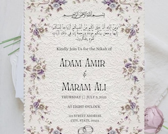 May include: Wedding invitation with floral design and text in English and Arabic. The invitation includes the names ADAM AMIR and MARAM ALI, the date, time, and address. The design features a cream background with purple flowers.
