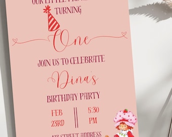 Invitación de cumpleaños editable con temática de bayas para niñas / Invitación a fiesta temática de fresas / Plantilla digital Canva