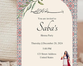 Elegant Palestinian henna night invitation template with tatreez embroidery design, editable digital download.