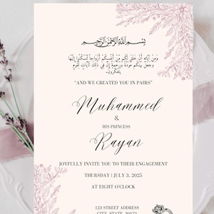 May include: A soft pink engagement invitation with floral designs. The invitation features the names "Muhammed & Rayan", the date, time, and address. The top of the card includes Arabic script.