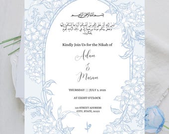 May include: A light blue wedding invitation featuring floral illustrations. The card includes Arabic calligraphy and English text, announcing the Nikah of Adam & Muram on July 3, 2025, at 8 o'clock.