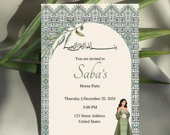 Elegant Palestinian henna night invitation template with tatreez embroidery design, editable digital download.