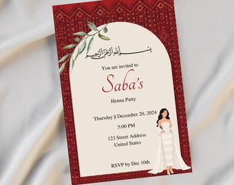 Elegant Red and White Palestinian henna night invitation template with tatreez embroidery design, editable digital download.