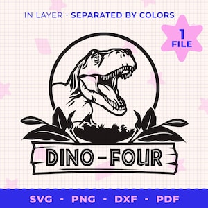 Dino vier dinosaurus SVG, vier feestvarken SVG, T-Rex 4e verjaardag SVG, vierde verjaardag T Rex SVG, feestvarken SVG, verjaardag SVG, Dino SVG