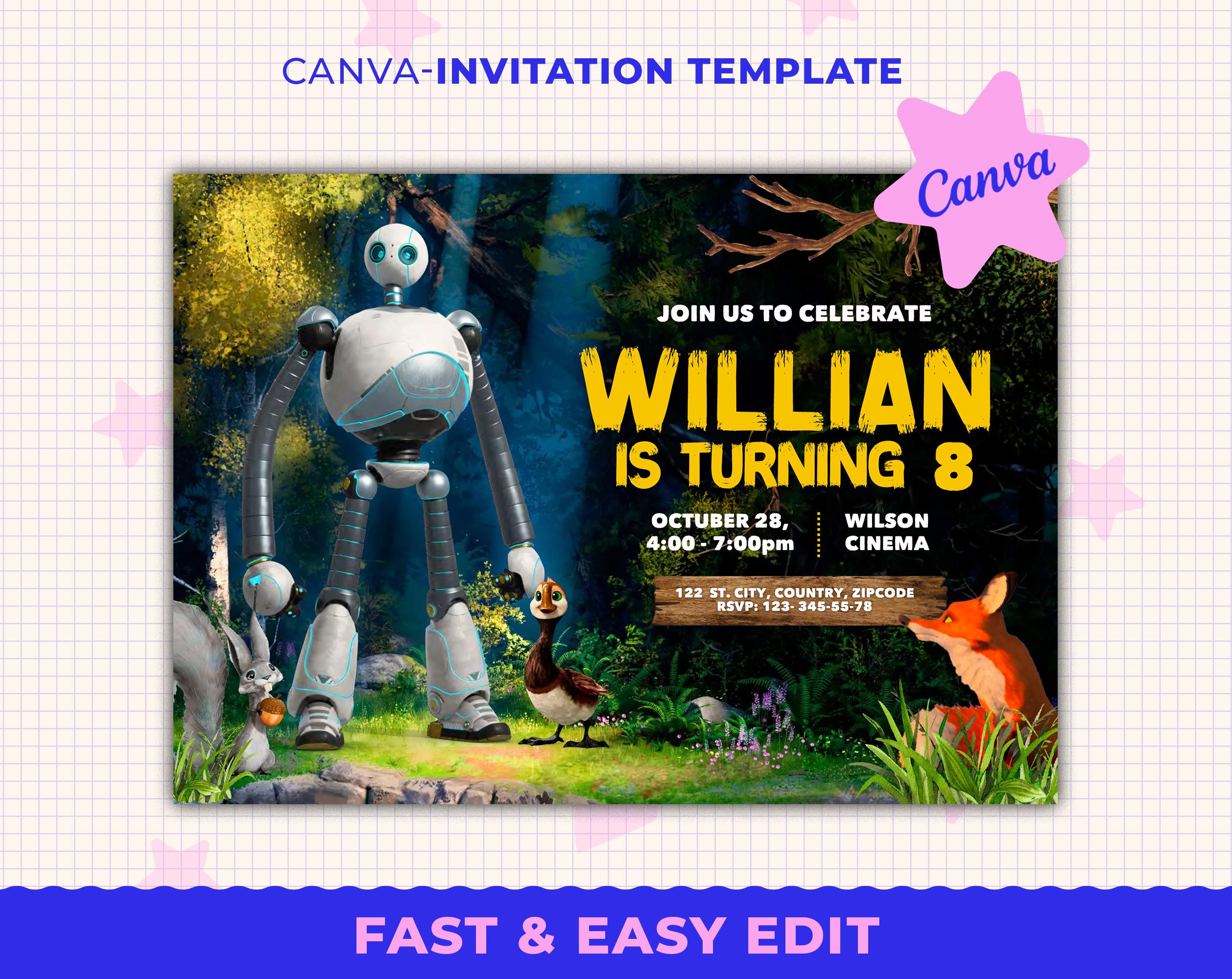 The Wild Robot Birthday Invitation, The Wild Robot Canva, The Wild Robot Party, The Wild Robot Digital Invitation, Robot Party Invite