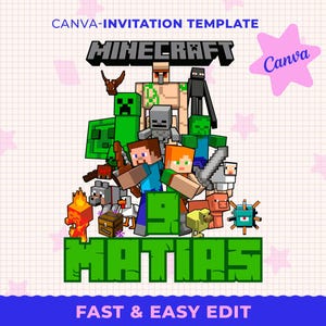 編集可能なMinecraft PNG、Minecraft Birthday png、Minecraft Name Age PNG、Minecraft Characters png（シャツ、ケーキトッパー、誕生日用）