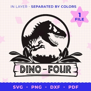 Dino vier dinosaurus SVG, vier feestvarken SVG, T-Rex 4e verjaardag SVG, vierde verjaardag T Rex SVG, feestvarken SVG, verjaardag SVG, Dino SVG