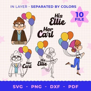 エリーとカール Svg、PNG、アップ!映画 SVG バンドル、バレンタインデー、バレンタイン ラブ ギフト、ラッセル SVG、カール Svg、結婚式の装飾、記念日ギフト