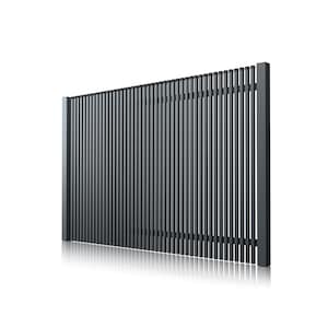 May include: A modern, vertical slat fence in a dark gray color. The fence is composed of numerous evenly spaced, narrow vertical slats, framed by thicker vertical posts. The design is minimalist and contemporary, suitable for outdoor spaces.