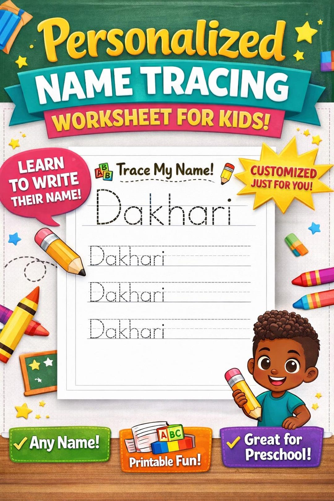 Personalized Name Tracing Worksheet for Kids | Custom Writing Practice ...