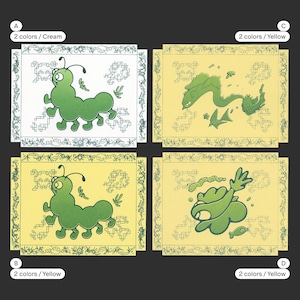 May include: Four square illustrations with cartoon creatures. Each image has a different green creature on a cream or yellow background, with a decorative border. The text in the image says "2 colors / Cream" and "2 colors / Yellow".