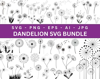 Dandelion Svg Bundle, Dandelion blowing svg, Wildflower Outline Illustrations, Dandelion just breathe svg, Silhouette
