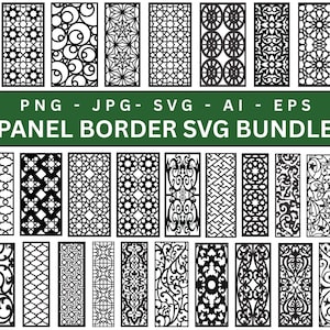 May include: A collection of black and white panel border designs in various patterns. The image includes the text "PNG - JPG - SVG - AI - EPS PANEL BORDER SVG BUNDLE". These designs are suitable for digital art and crafting projects.