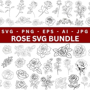 Puede incluir: Una colección de ilustraciones de rosas en blanco y negro en varios estilos. La imagen incluye rosas individuales, ramos de rosas y rosas en tallos. El texto en una pancarta roja dice "ROSE SVG BUNDLE". Formatos: SVG, PNG, EPS, AI y JPG.