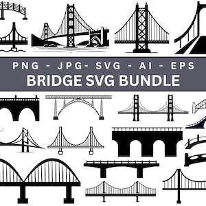Op de afbeelding: Een verzameling zwart-wit illustraties van bruggen in verschillende stijlen, waaronder hang-, boog- en balkbruggen. De tekst "BRIDGE SVG BUNDLE" wordt weergegeven op een grijze banner.