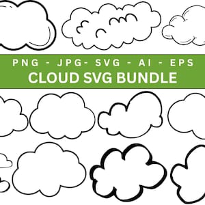 May include: A collection of cloud illustrations in various shapes and sizes, outlined in black. The image includes the text "CLOUD SVG BUNDLE" in white letters on a green background, along with file type abbreviations.