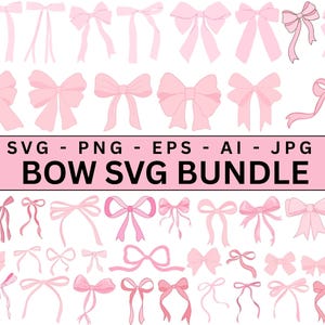 Op de afbeelding: Een verzameling roze strik illustraties in verschillende stijlen. De afbeelding bevat een banner met de tekst "SVG - PNG - EPS - AI - JPG BOW SVG BUNDLE". De strikken zijn in verschillende roze tinten en geschikt voor digitale ontwerpprojecten.