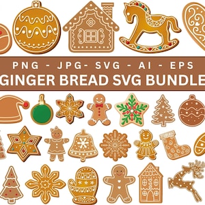 Op de afbeelding: Een verzameling SVG-ontwerpen met peperkoekthema. De afbeelding toont verschillende peperkoekkoekjes, waaronder een schommelpaard, een huis, een hart en een peperkoekmannetje. De tekst "GINGER BREAD SVG BUNDLE" wordt weergegeven.