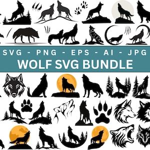 Puede incluir: Una colección de gráficos SVG con temática de lobos en blanco y negro. El paquete incluye varias siluetas de lobos, huellas de patas y lobos aullando con una luna o un sol de fondo. Se muestra el texto "WOLF SVG BUNDLE".