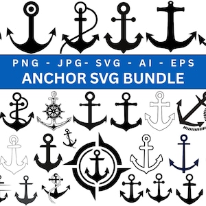 May include: A collection of black anchor designs in various styles, including solid, outlined, and nautical-themed variations. The image includes the text "ANCHOR SVG BUNDLE" in white on a blue background, along with file type indicators.