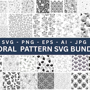 Può includere: Una collezione di motivi floreali in bianco e nero. L'immagine mostra vari design, tra cui rose, margherite e composizioni floreali astratte. Il testo in basso recita "FLORAL PATTERN SVG BUNDLE". I motivi sono adatti per progetti di design digitale.