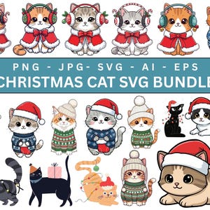 Puede incluir: Una colección de gatos de dibujos animados con atuendos navideños festivos. Los gatos llevan gorros de Papá Noel, jerséis y orejeras. La imagen incluye el texto "CHRISTMAS CAT SVG BUNDLE".