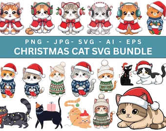 Christmas cat svg bundle, Christmas cat sublimation, Cat with Santa hat, Doodle Cat svg, Cute cat svg cut files