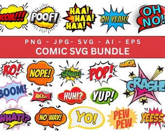 Comic Style Action Svg Bundle, Superhero Speech Bubble, Comic Book clipart, Instant download, Pop art text, Cut Files For Cricut