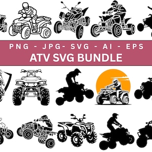 Puede incluir: Un paquete SVG de ATV con varios diseños. Los diseños incluyen arte lineal detallado y siluetas de ATV y pilotos en acción. El texto "PNG - JPG - SVG - AI - EPS" y "ATV SVG BUNDLE" se muestra en un banner.